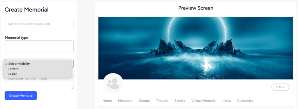 Create memorial - choose visibility